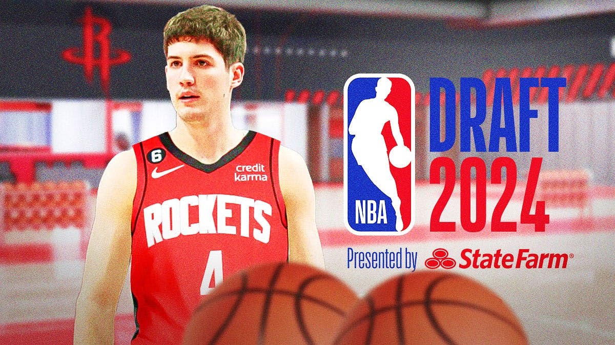 Reed Sheppard in a Rockets' uniform. 2024 NBA Draft logo in background.