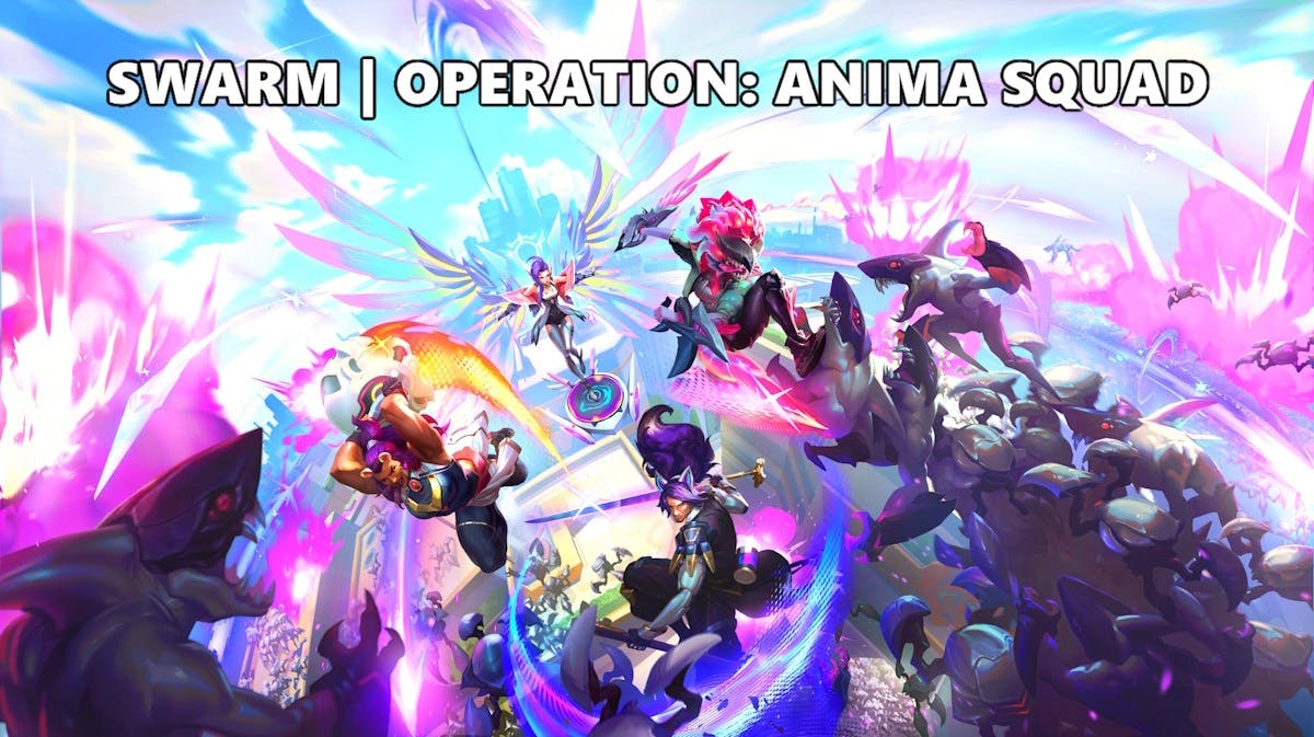 swarm operation anima squad, lol pve, lol event, lol anima squad, anima squad skins, key visual for the swarm operation anima squad event with the event title at the top of the thumbnail