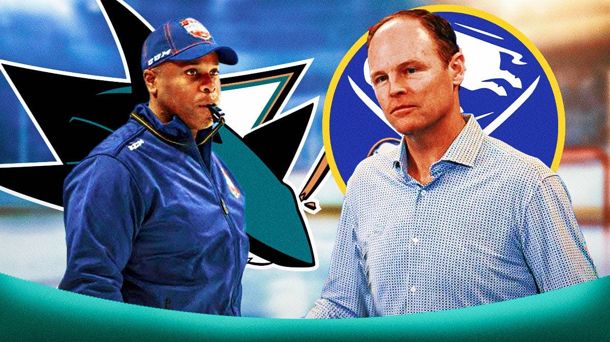 Mike Grier with the Sharks logo by him, Kevyn Adams with the Sabres logo by him