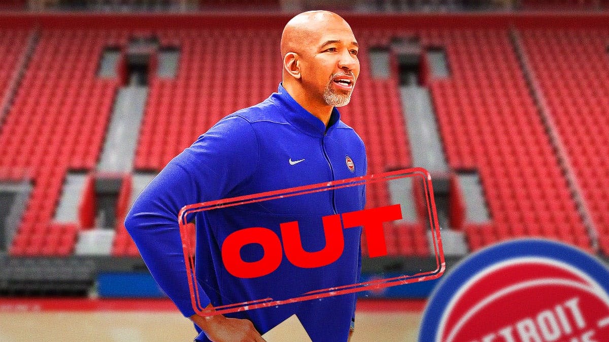 Pistons coach Monty Williams with "OUT" stamped over him