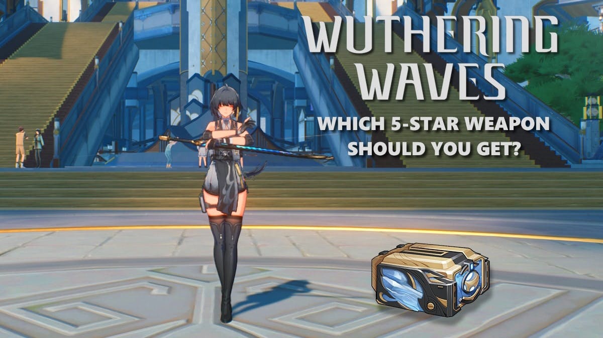 wuthering waves 5 star weapon, wuthering waves free 5 star, wuthering waves free weapon, wuthering waves free, wuthering waves, an ingame screenshot of the rover holding the emerald genesis with the game logo in a corner and the words which 5-star weapon should you get under it