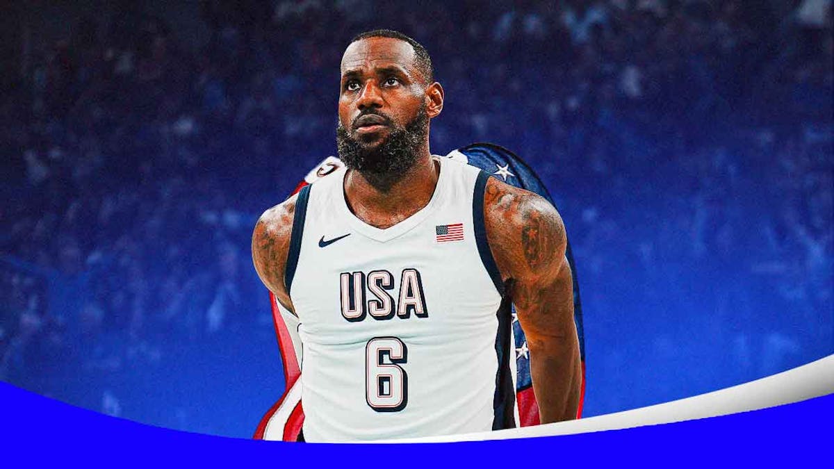 LeBron James in a Team USA uniform. American flag on his back as a cape