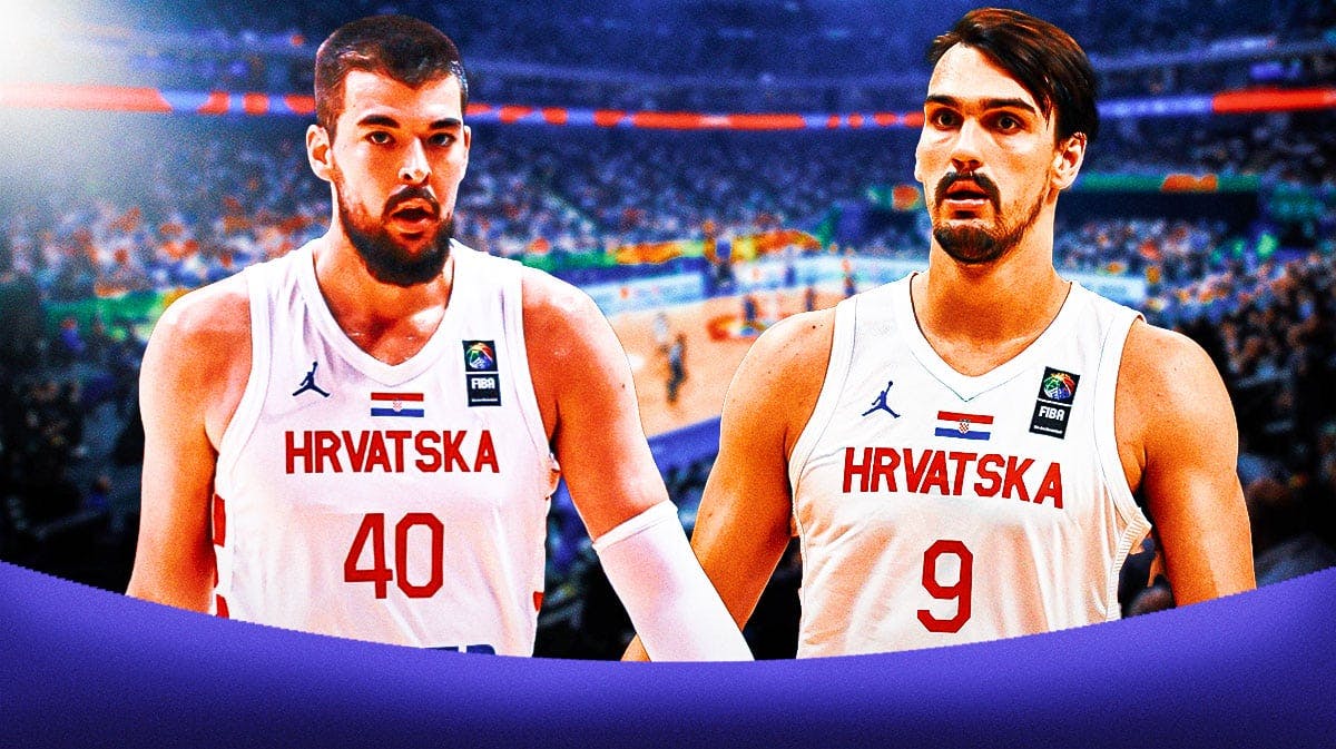 Team Croatia's Ivica Zubac, Dario Saric stand next to each other during Olympics qualifying round against Greece basketball