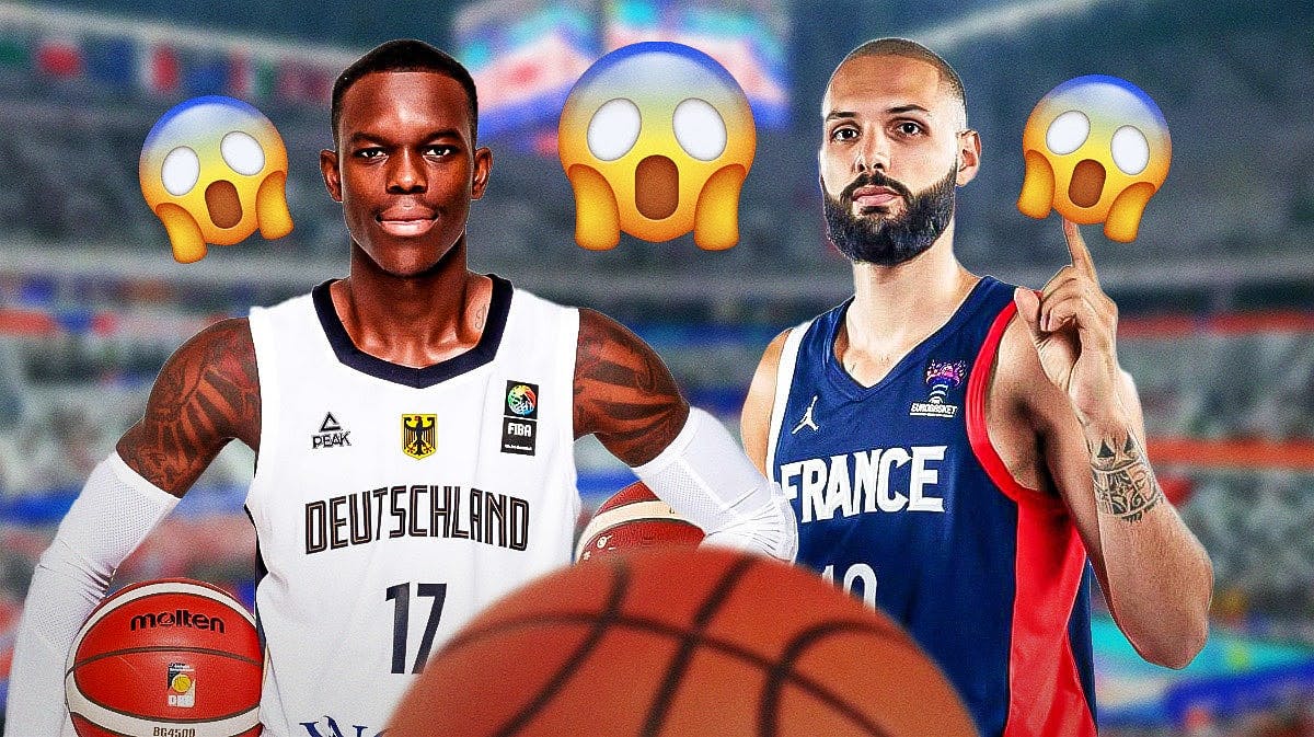 Dennis Schröder in a Germany Jersey and Evan Fournier in a France jersey with a shocked emoji
