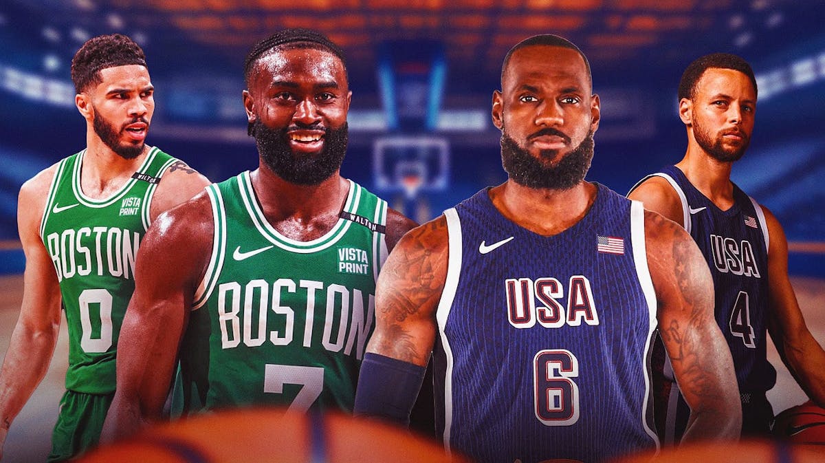 Jayson Tatum and Jaylen Brown in Celtics jerseys with LeBron James and Steph Curry in Team USA jerseys.