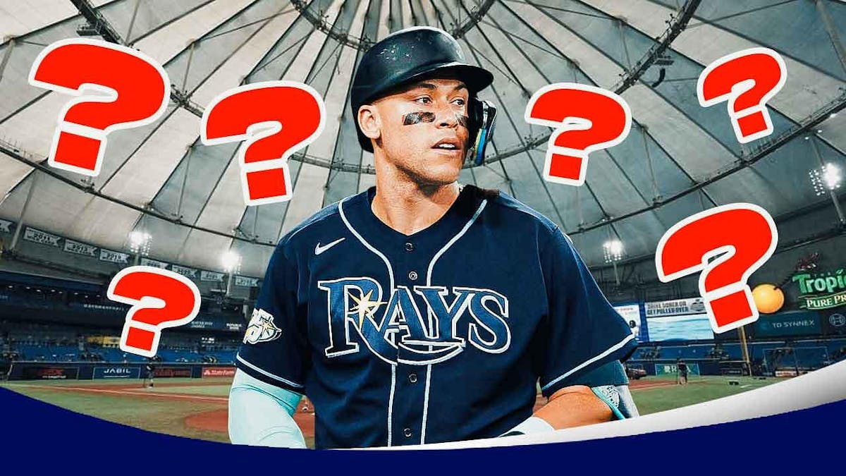 Aaron Judge in a Rays jersey with question marks.