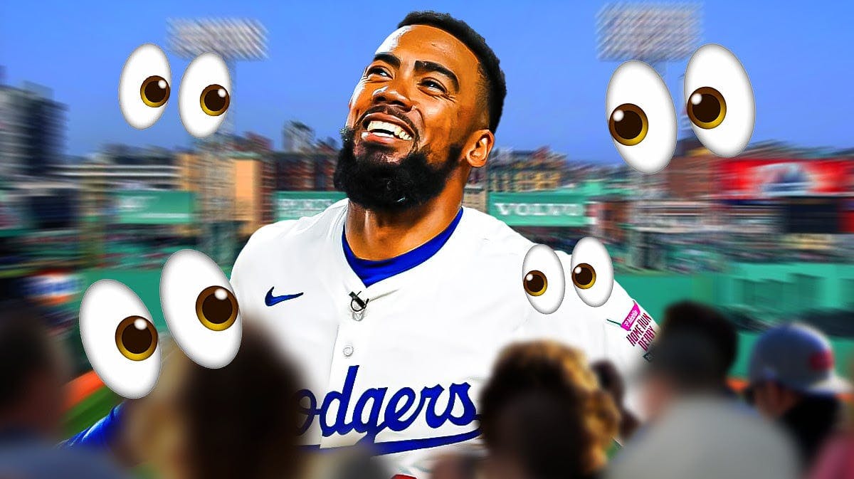 Teoscar Hernandez in a Dodgers jersey with Fenway Park in the background and eyes emojis.
