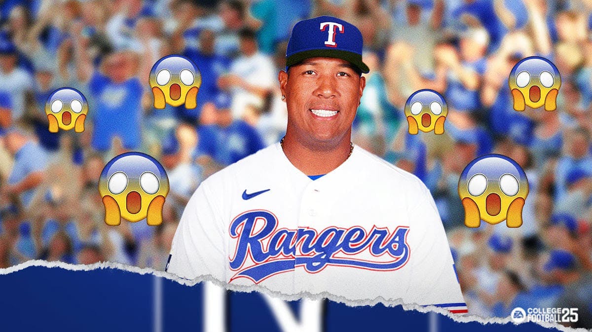 Salvador Perez in a Rangers jersey with shocked emojis