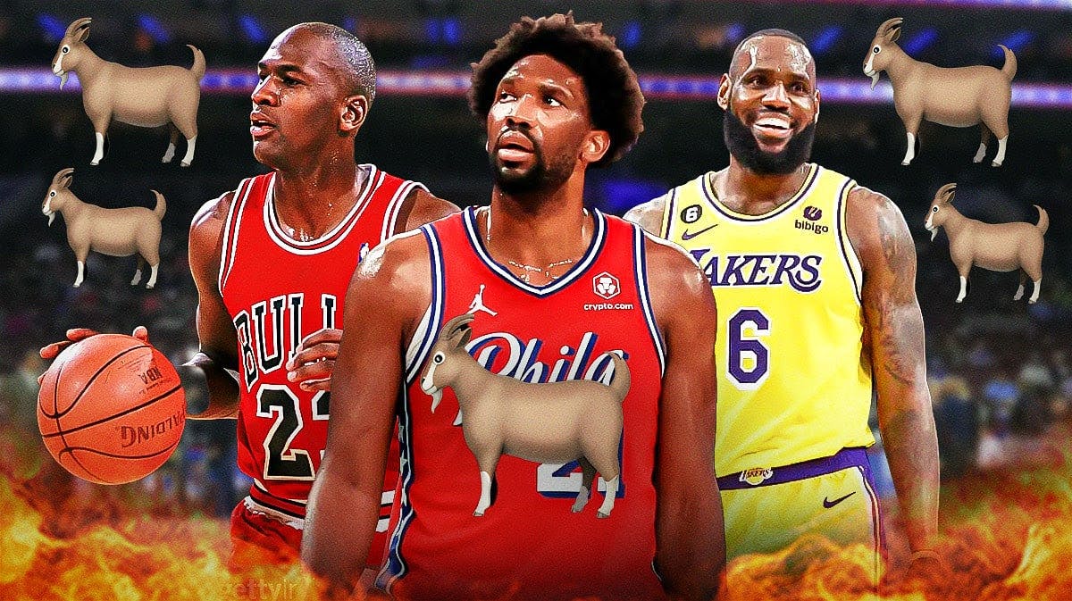 Joel Embiid with Lebron James and Michael Jordan behind him with goat emojis