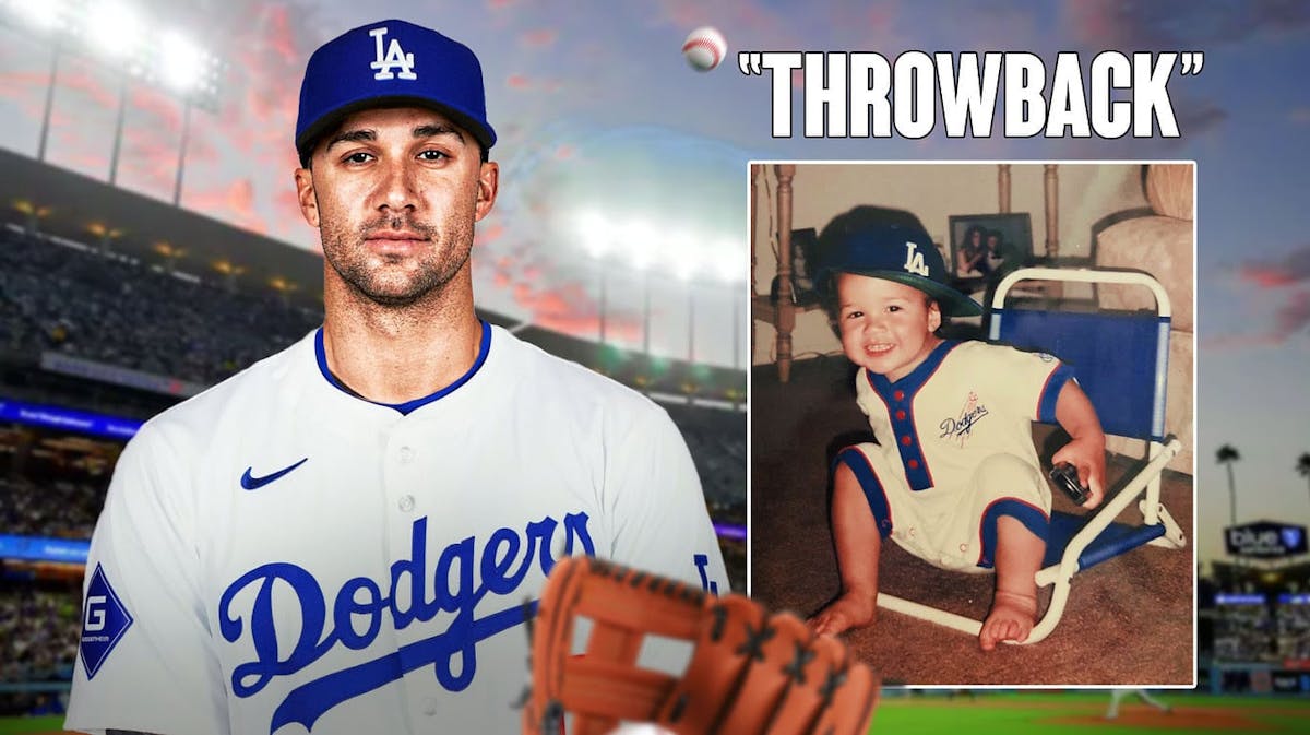 Jack Flaherty in a Dodgers jersey next to a childhood photo of him in a Dodgers jersey with the word "throwback" above it.