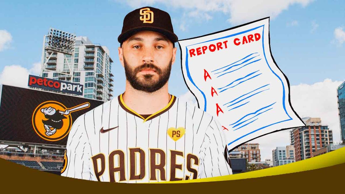 Tanner Scott in a Padres jersey with a report card