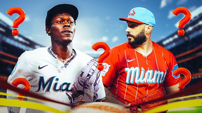 Marlins players Tanner Scott and Jazz Chisholm Jr. looking with question marks swirling around.