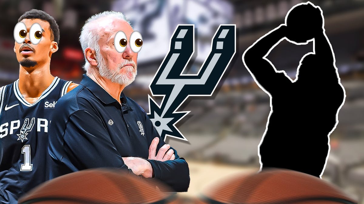 Spurs Gregg Popovich and Victor Wembanyama with emojis in their eyes looking at a silhouette