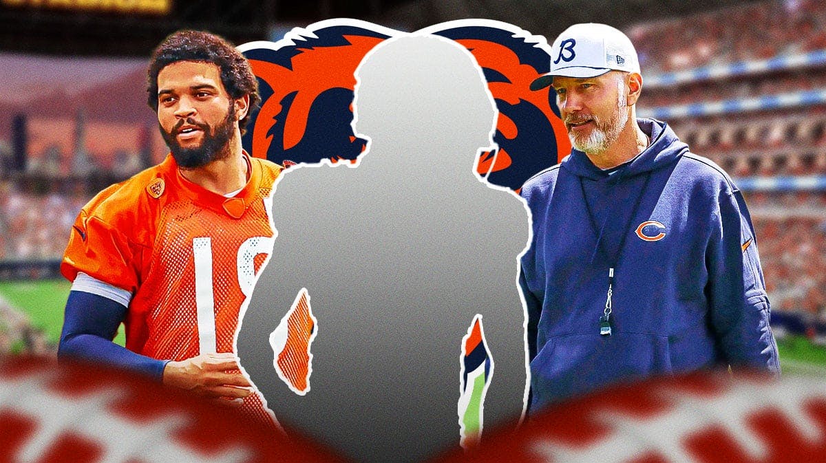 1 Mystery player in the middle, Caleb Williams and coach Matt Eberflus around him, Chicago Bears wallpaper in the background