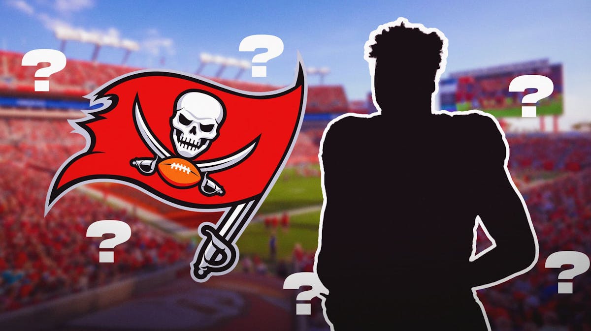 Tampa Bay Buccaneers logo on left side, blank player silhouette on right side, question marks surrounding the logo and silhouette, Raymond James Stadium in background