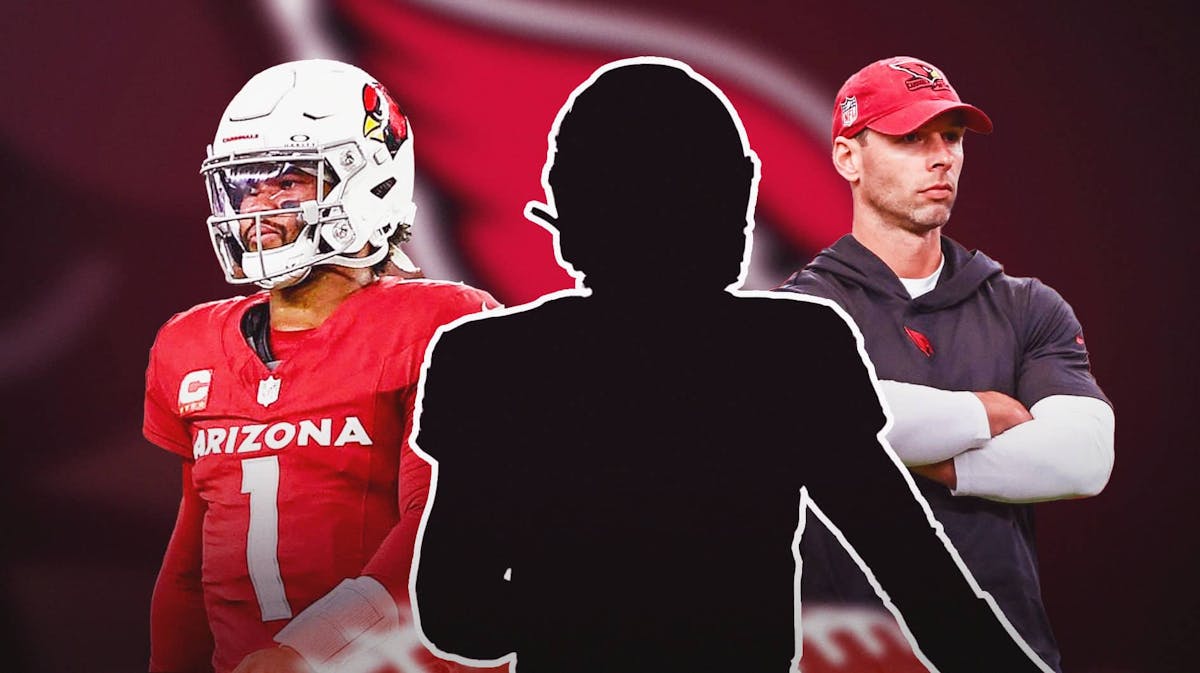 1 Mystery player in the middle, Kyler Murray and coach Jonathan Gannon around him, Arizona Cardinals wallpaper in the background