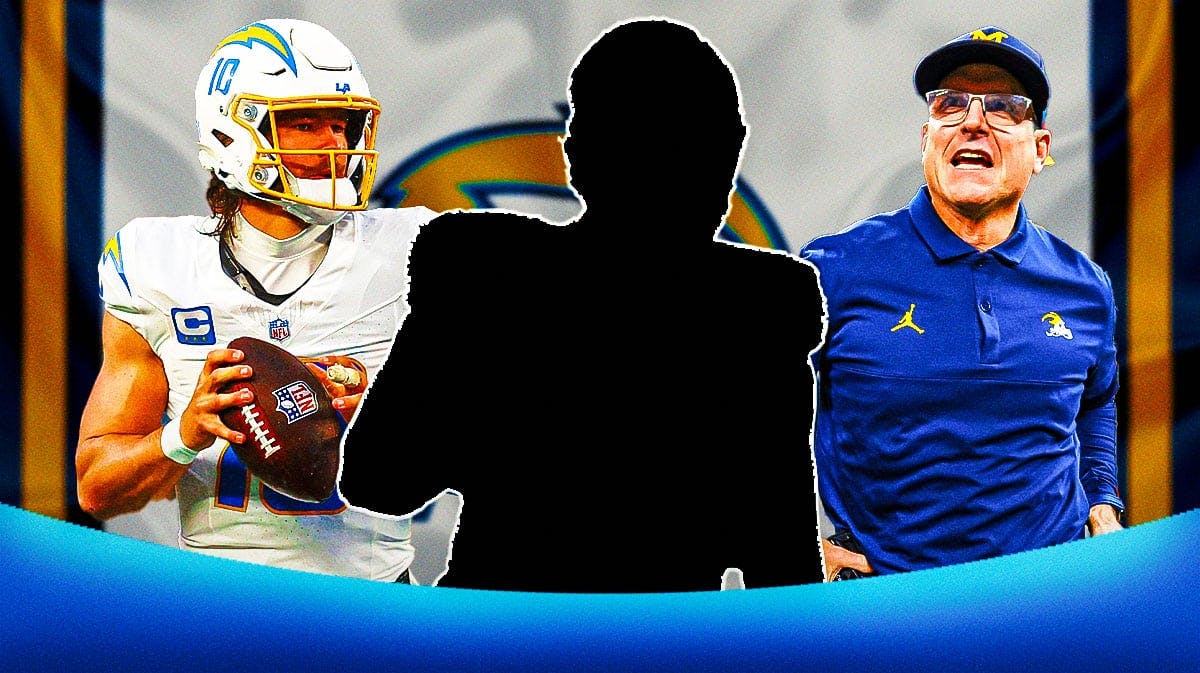 1 Mystery player in the middle, Justin Herbert and coach Jim Harbaugh around him, Los Angeles Chargers wallpaper in the background