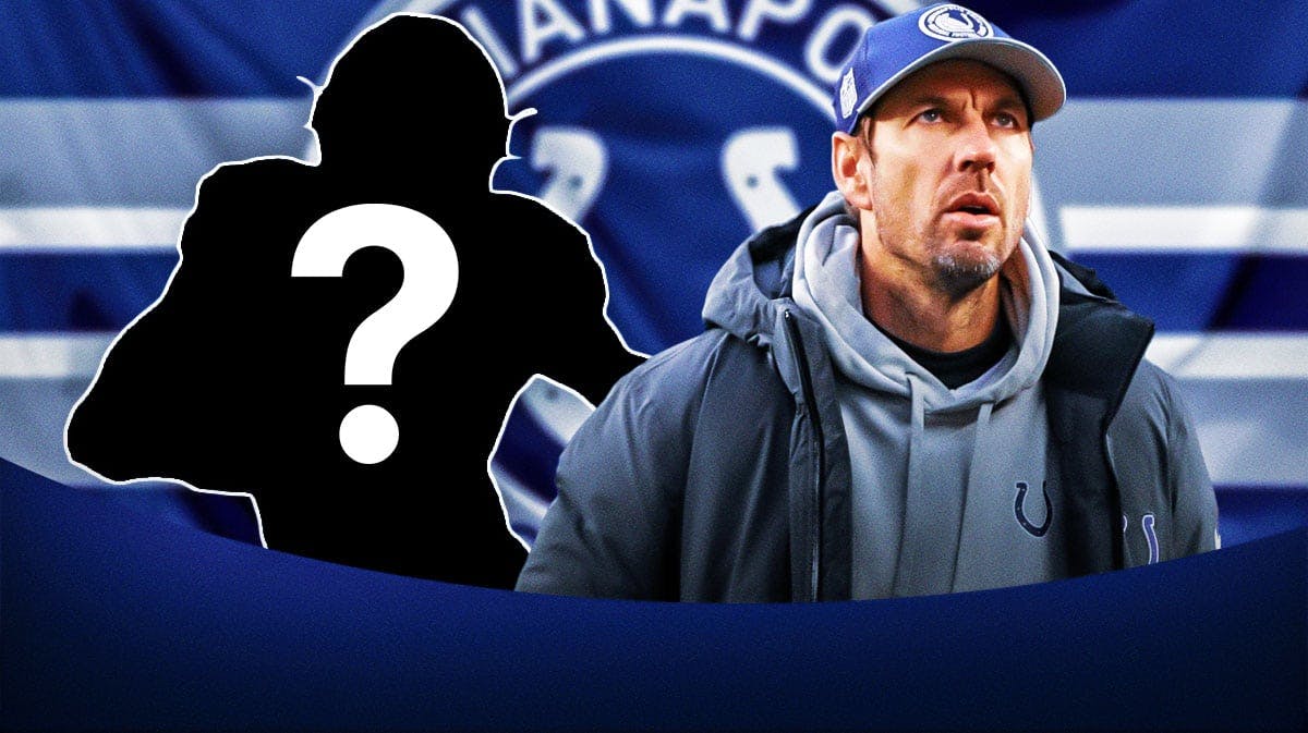 Indianapolis Colts head coach Shane Steichen with a silhouette of an American football player with a big question mark emoji inside. There is also a logo for the Indianapolis Colts.