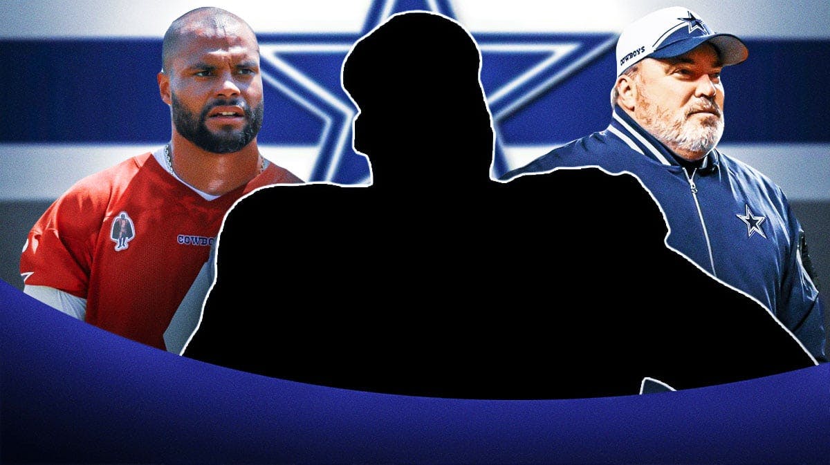 1 Mystery player in the middle, Dak Prescott and coach Mike McCarthy around him, Dallas Cowboys wallpaper in the background