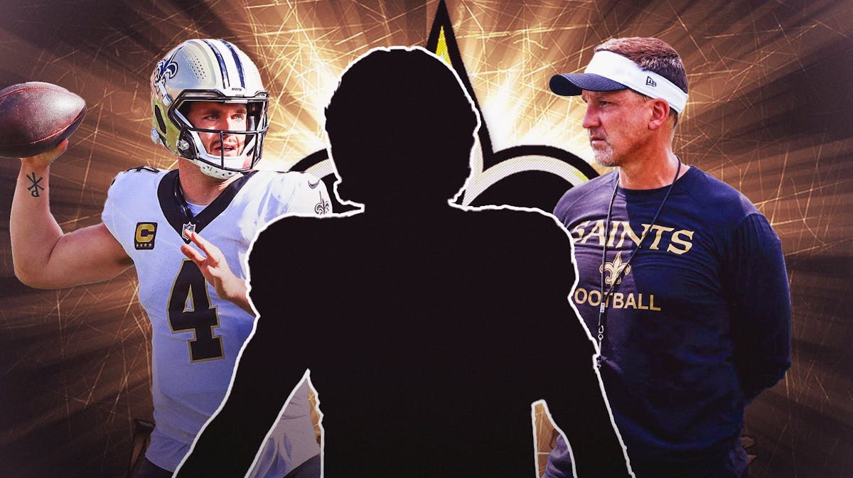1 Mystery player in the middle, Derek Carr and coach Dennis Allen around him, New Orleans Saints wallpaper in the background