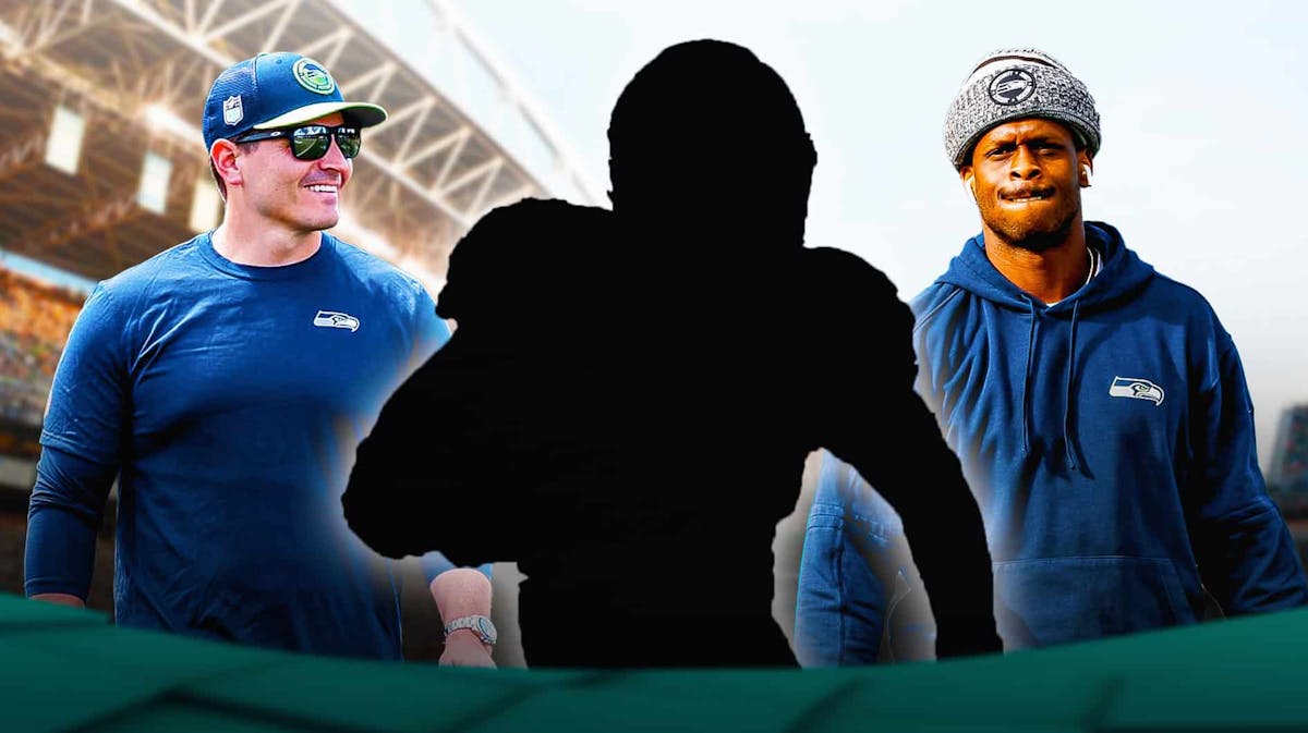 1 Mystery player in the middle, Geno Smith and coach Mike Macdonald around him, Seattle Seahawks wallpaper in the background