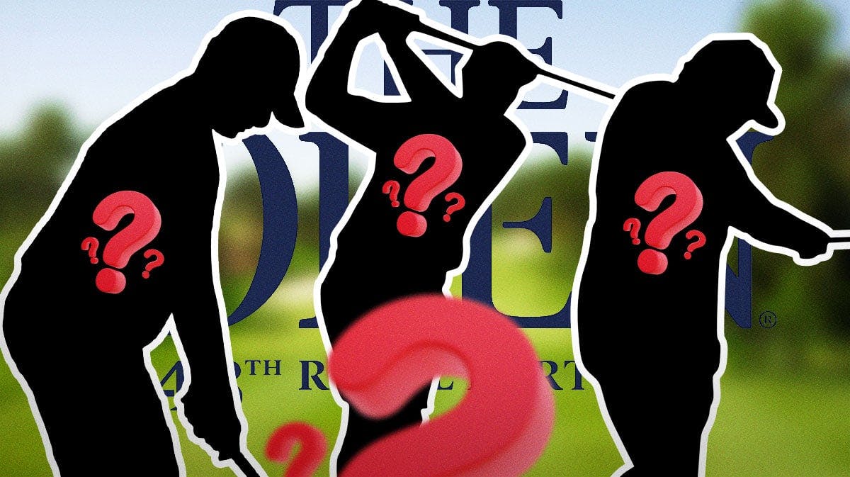 golf course background, three silhouettes with ? standing in front of them, open championship logo