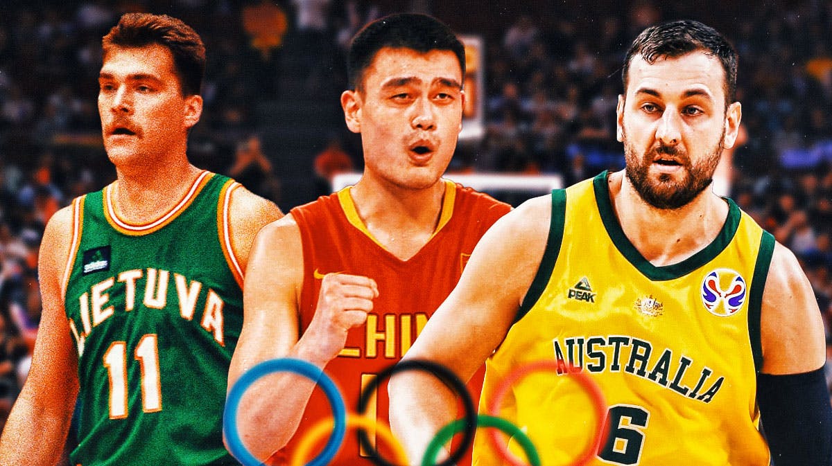 Arvydas Sabonis, Yao Ming and Andrew Bogut playing at the Olympics.