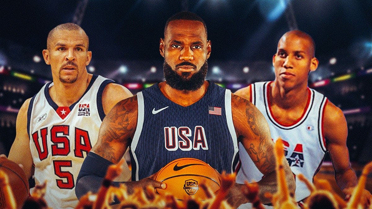 Jason Kidd, LeBron James and Reggie Miller playing for Team USA.
