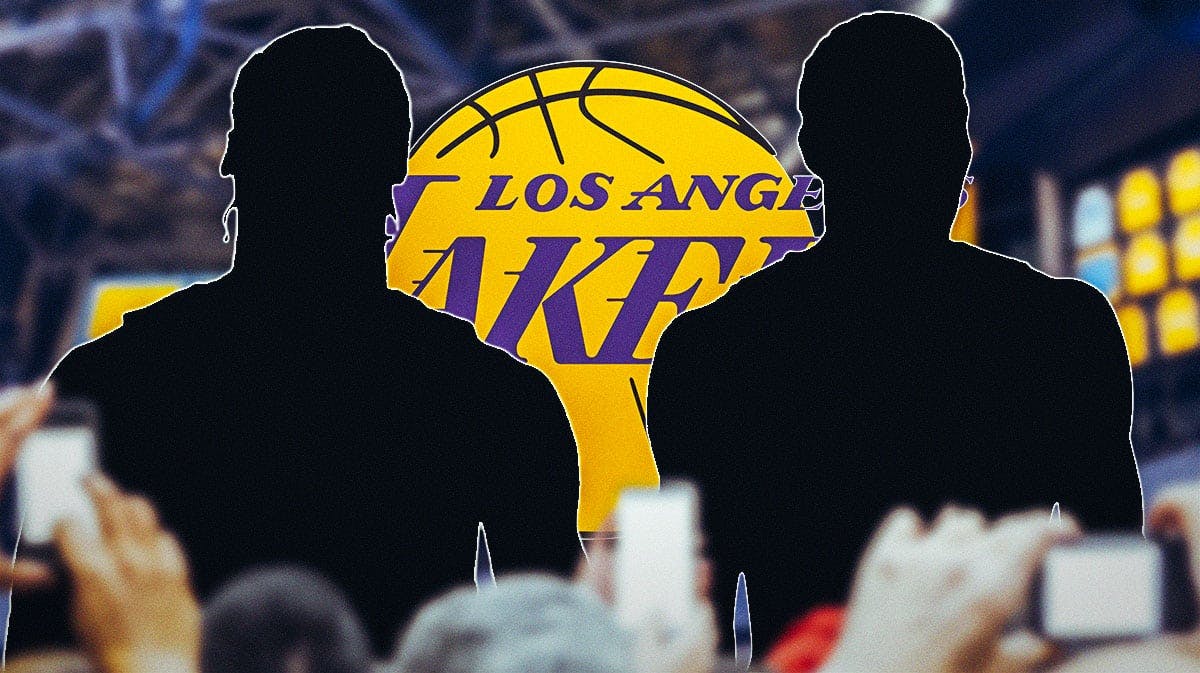 Two blank player outlines in front of Lakers logo