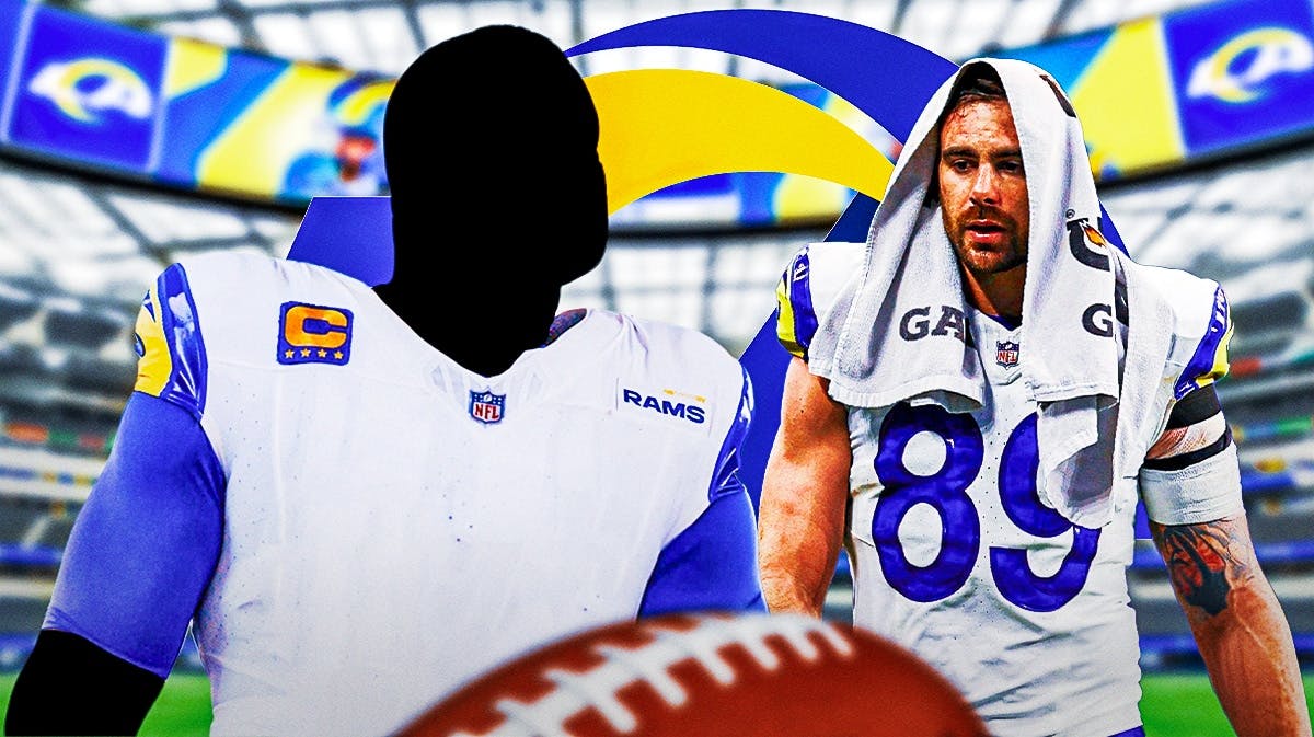 Tyler Higbee and a silhouetted Los Angeles Rams player in image, LA Rams logo, football field in background