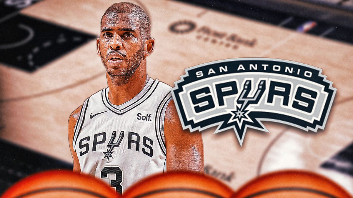 Chris Paul in a Spurs jersey, San Antonio Spurs logo,