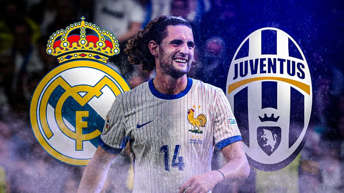Adrien Rabiot in front of the Real Madrid, Barcelona, and Juventus logos