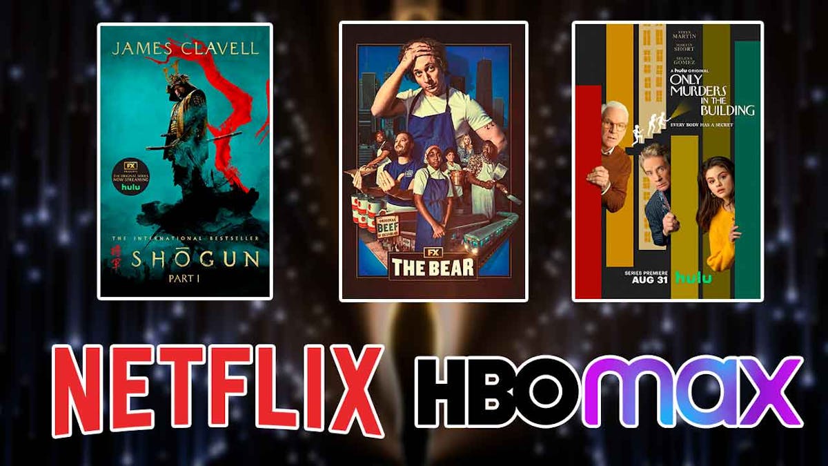 Posters of Shōgun, The Bear, Only Murders in the Building; logos of Netflix, HBO|Max