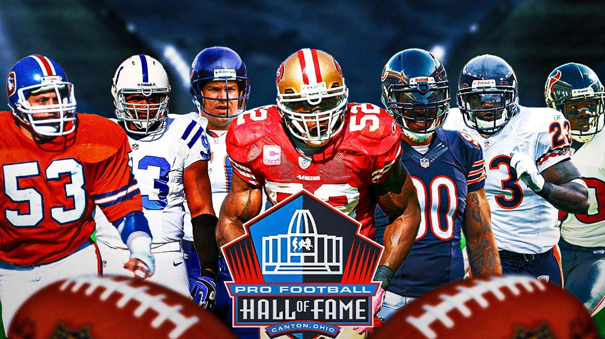 Dwight Freeney, Randy Gradishar, Devin Hester, Andre Johnson, Patrick Willis, Julius Peppers, Steve McMichael all together during their NFL playing days. NFL Hall of Fame logo front and center.