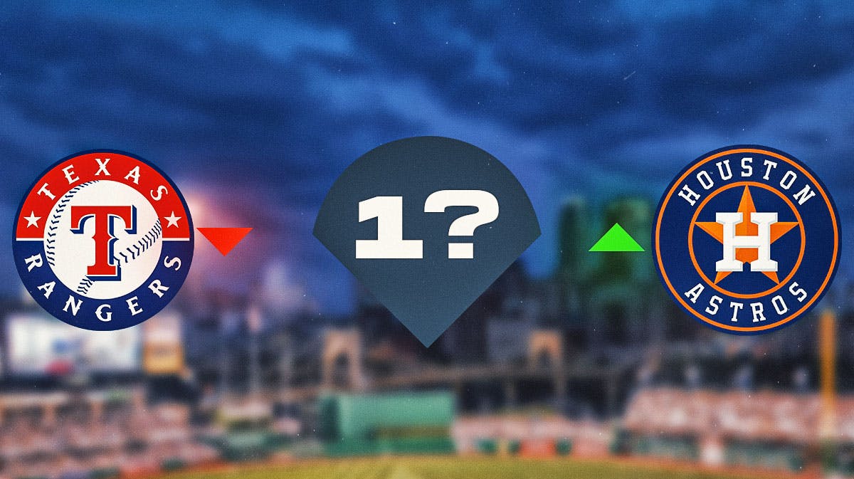 2024 mlb power rankings with Texas Rangers logo on the left with a red down arrow, a silhouette of the Philadelphia Phillies logo in the middle with a 1 and a ? in it, and a Houston Astros logo on the right with a green up arrow