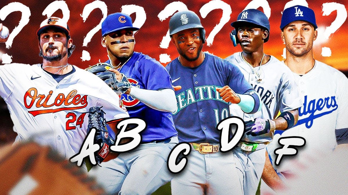 Zach Eflin (Orioles jersey), Isaac Paredes (Cubs jersey), Randy Arozarena (Mariners jersey), Jack Flaherty (Dodgers jersey), Jazz Chisholm (Yankees jersey) all together. Letter grades A, B, C, D, F scattered around the graphic as well as question marks scattered around the graphic.