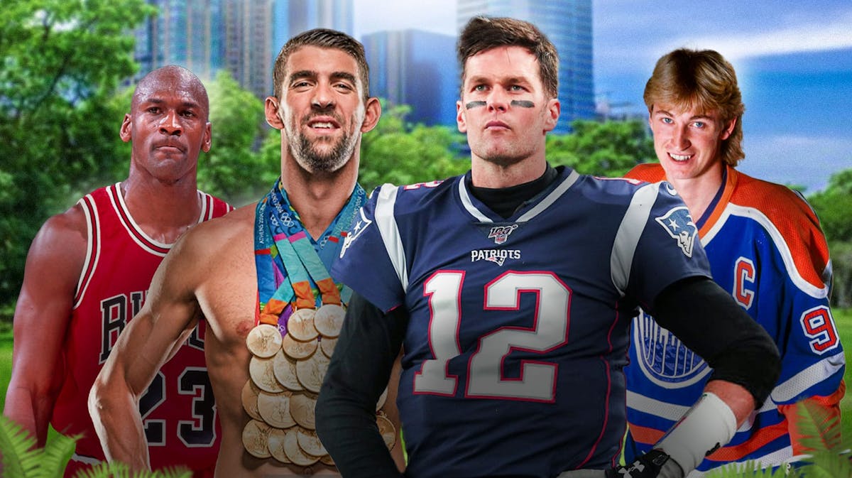 Michael Jordan (Bulls), Michael Phelps (with gold medals around neck), Tom Brady (Patriots), Wayne Gretzky (Oilers) all together.