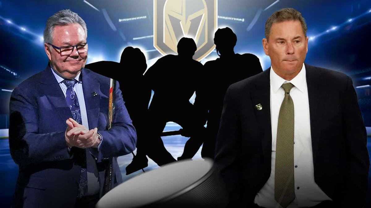 Kelly McCrimmon (in a suit) and Bruce Cassidy (in a suit) with three Vegas Golden Knights silhouettes in the middle, Golden Knights logo and ice rink in background.