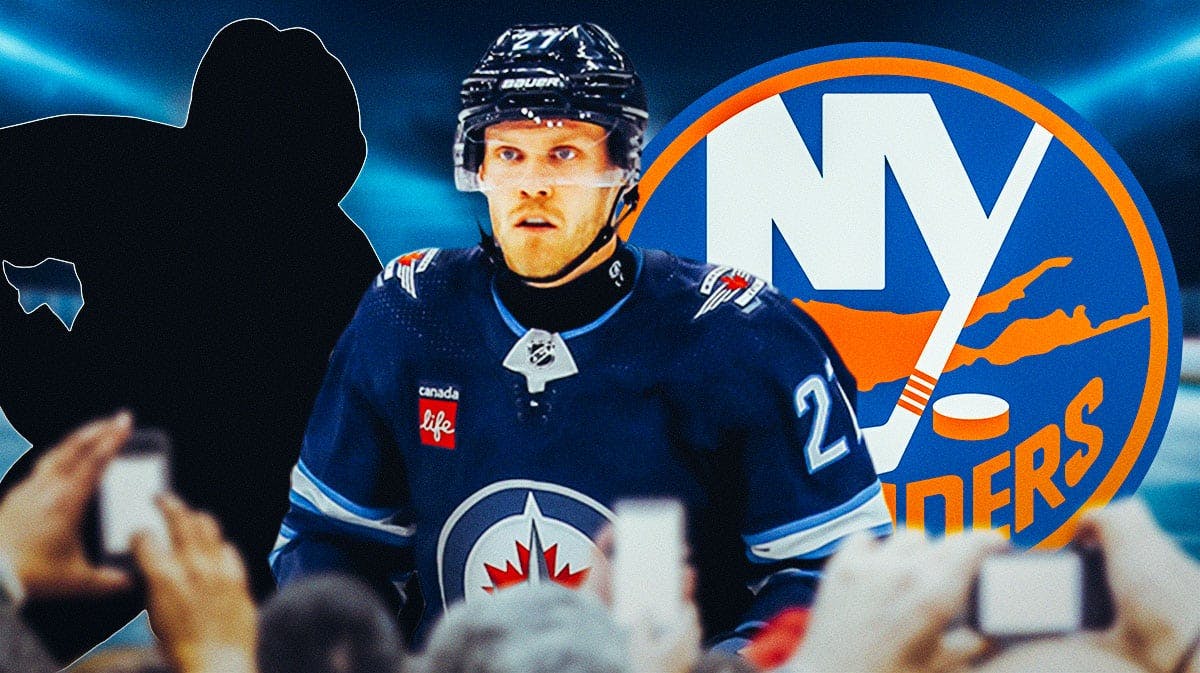Nikolaj Ehlers in middle of image looking stern, one silhouetted New York Islanders player on either side, New York Islanders logo, hockey rink in background