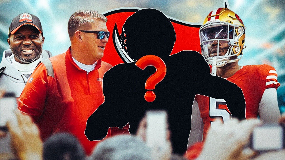 Tampa Bay Buccaneers head coach Todd Bowles with general manager Jason Licht, edge rusher Randy Gregory, and a silhouette of an American football player with a big question mark emoji inside. There is also a logo for the Tampa Bay Buccaneers.