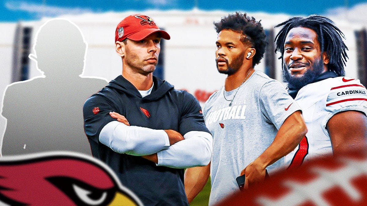 Arizona Cardinals head coach Jonathan Gannon with QB Kyler Murray, running back Michael Carter, and a silhouette of an American football player with a big question mark emoji inside. There is also a logo for the Arizona Cardinals.