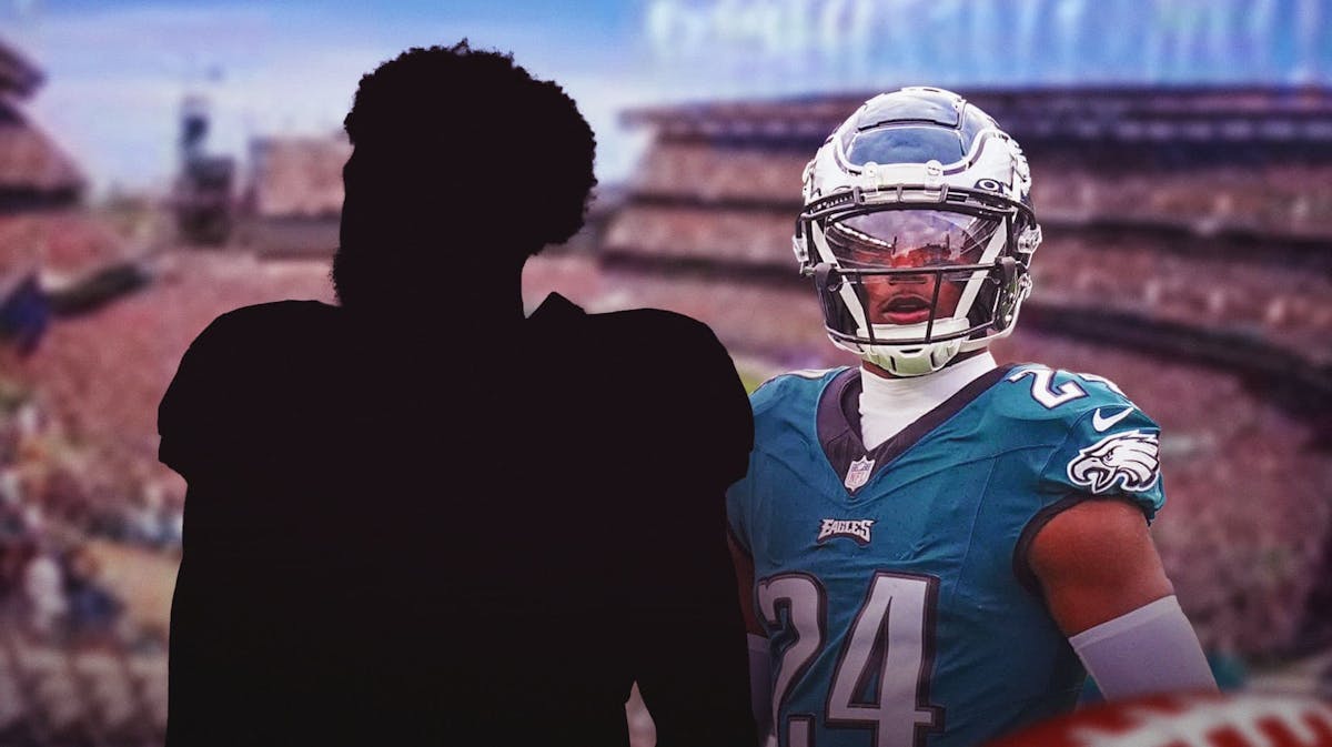 James Bradberry next to the blacked-out silhouette of Paris Campbell with Lincoln Financial Field as the background.