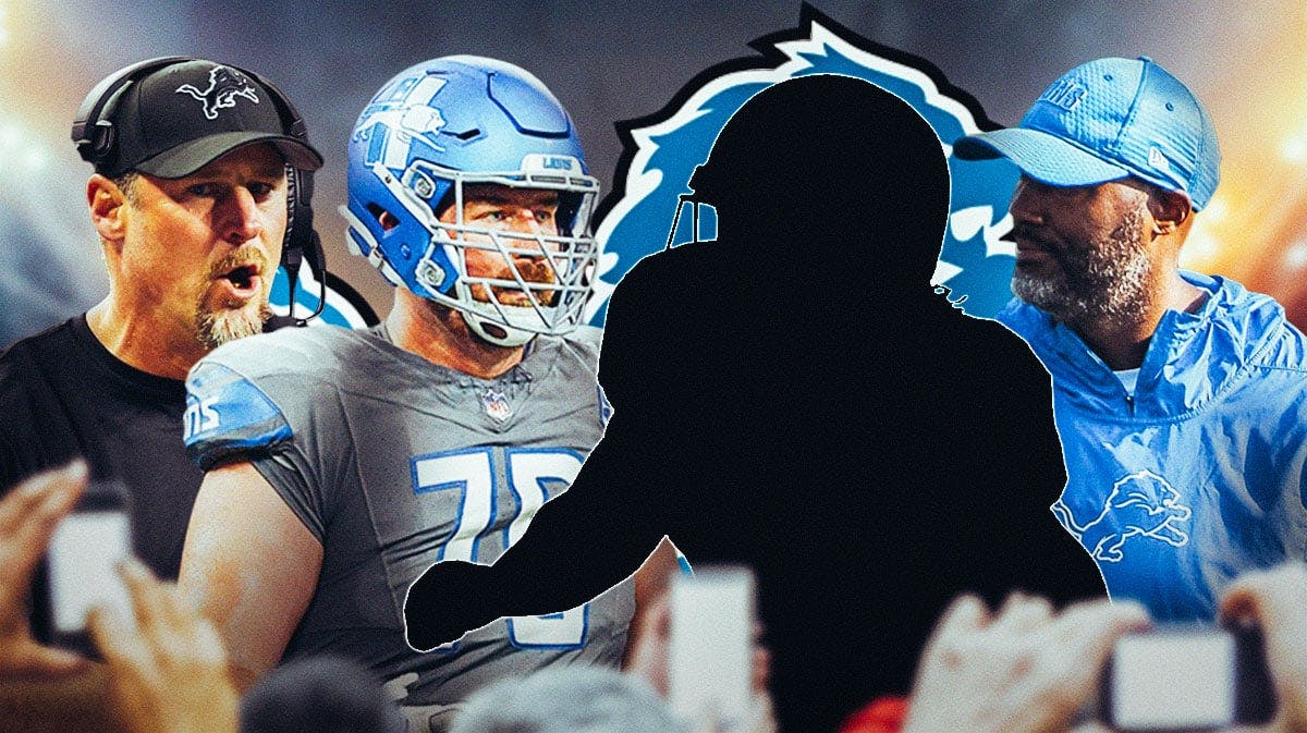 Detroit Lions head coach Dan Campbell with general manager Brad Holmes, offensive tackle Dan Skipper, and a silhouette of an American football player. There is also a logo for the Detroit Lions.