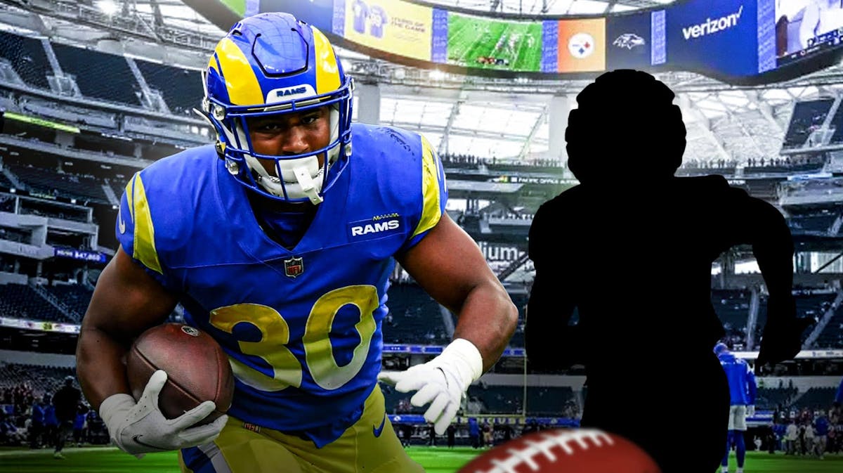 Ronnie Rivers next to the blacked-out silhouette of Rams WR Tyler Johnson in front of SoFi Stadium.