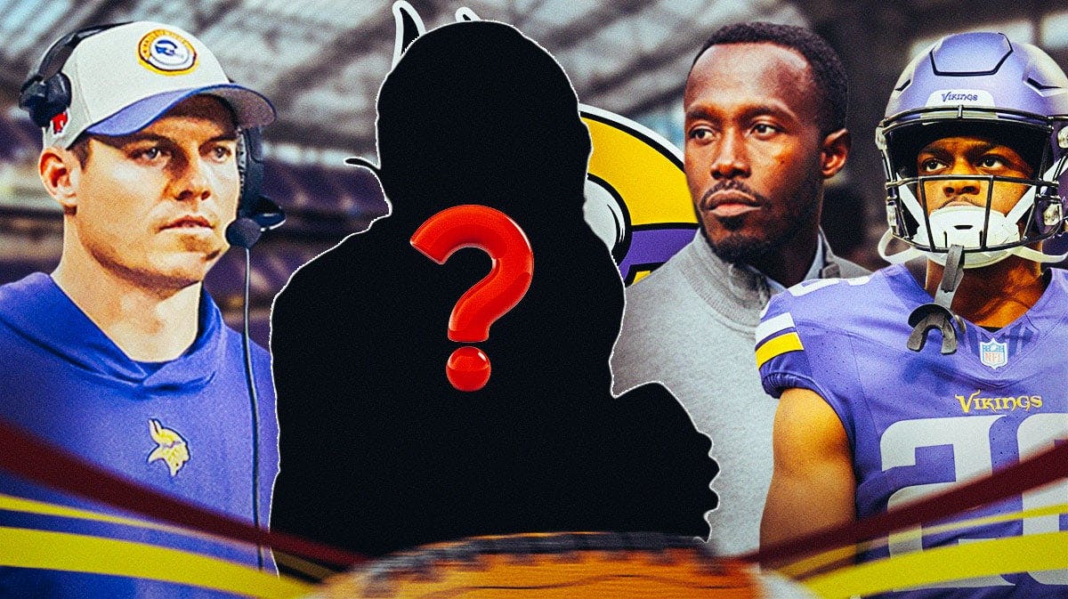 Minnesota Vikings head coach Kevin O’Connell with general manager Kwesi Adofo-Mensah, running back Kene Nwangwu and a silhouette of an American football player with a big question mark emoji inside. There is also a logo for the Minnesota Vikings.