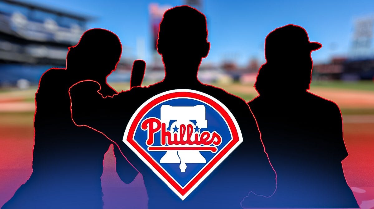 Philadelphia Phillies logo in front of MLB player outlines
