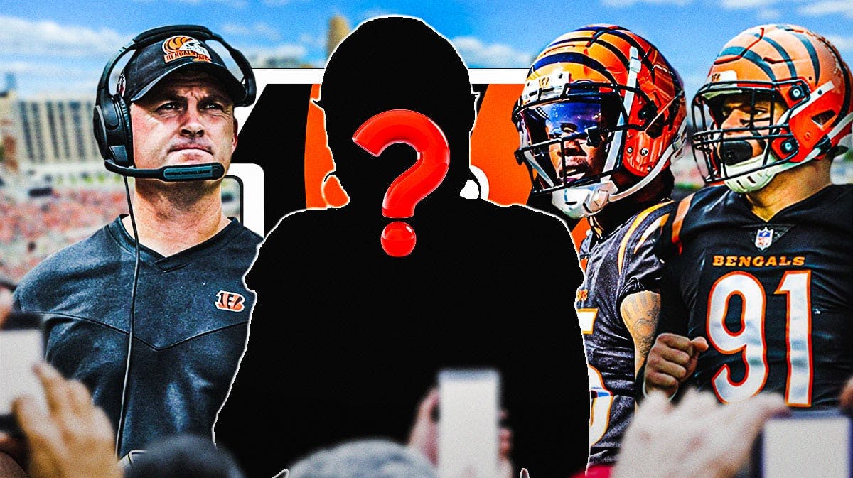 Cincinnati Bengals head coach Zac Taylor with WR Tee Higgins, DE Trey Hendrickson, and a silhouette of an American football player with a big question mark emoji inside. There is also a logo for the Cincinnati Bengals.