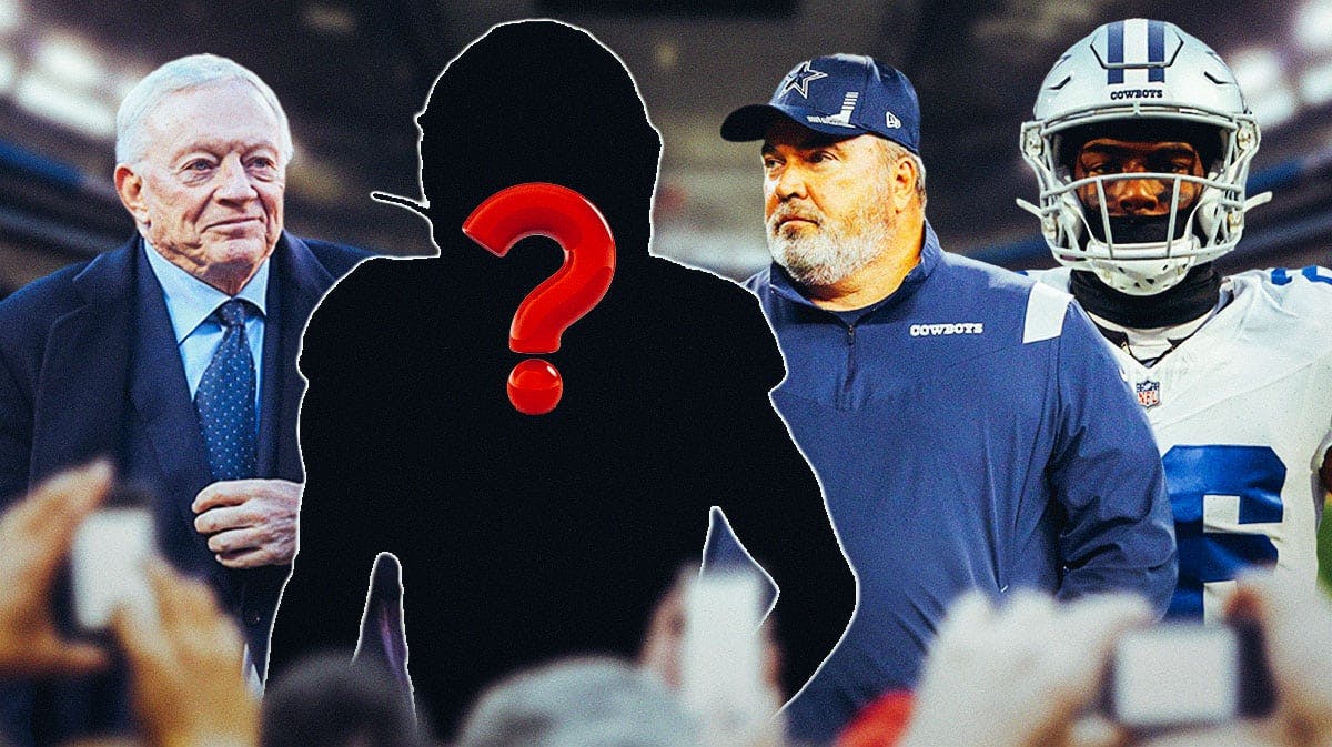 Dallas Cowboys owner Jerry Jones with head coach Mike McCarthy, cornerback DaRon Bland, and a silhouette of an American football player with a big question mark emoji inside. There is also a logo for the Dallas Cowboys.