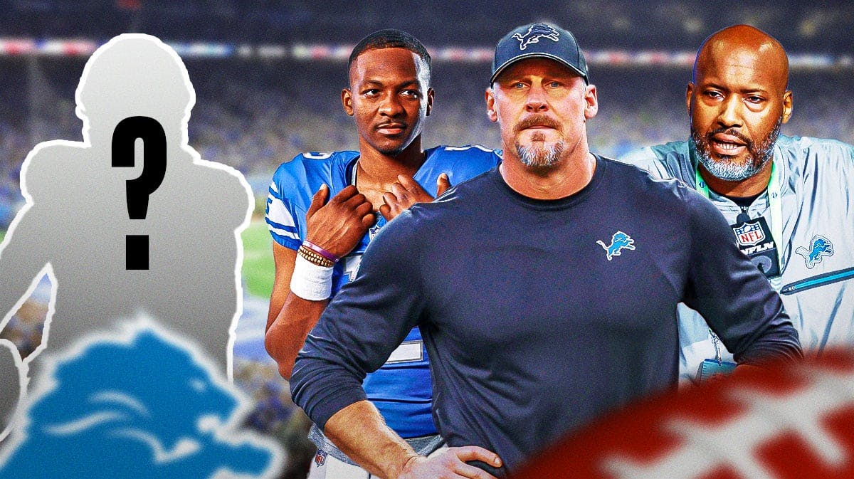 Detroit Lions head coach Dan Campbell with general manager Brad Holmes, QB Hendon Hooker, and a silhouette of an American football player with a big question mark emoji inside. There is also a logo for the Detroit Lions.