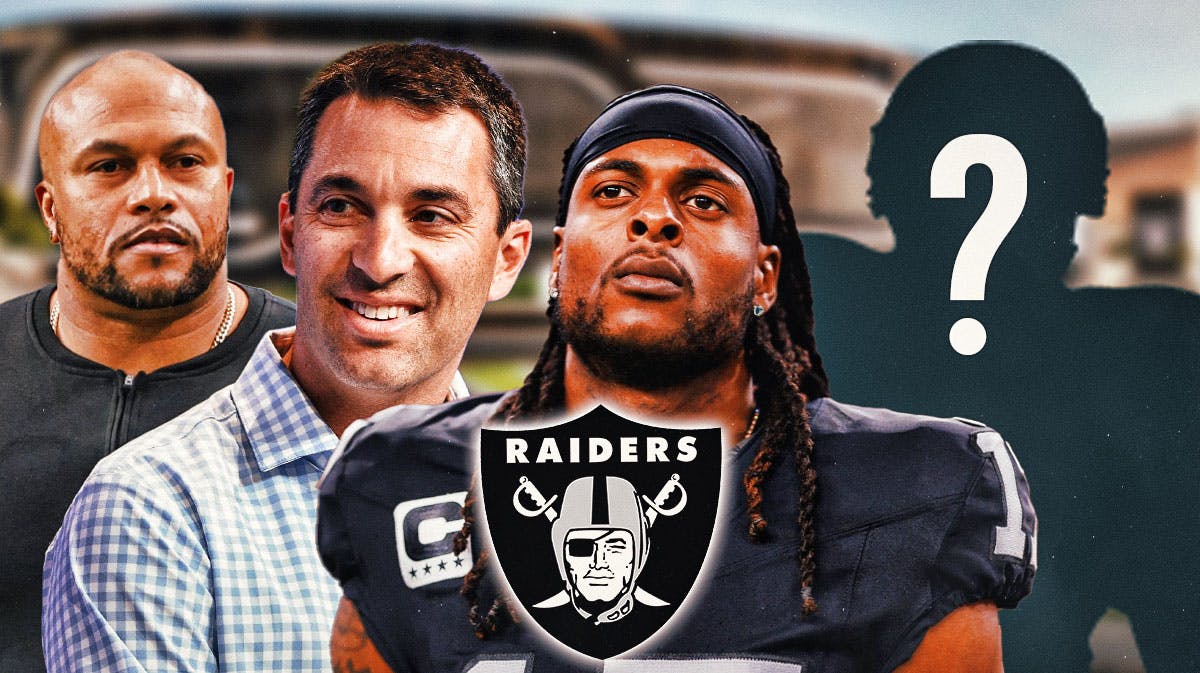Las Vegas Raiders head coach Antonio Pierce with general manager Tom Telesco with wide receiver Davante Adams and a silhouette of an American football player with a big question mark emoji inside. There is also a logo for the Las Vegas Raiders.